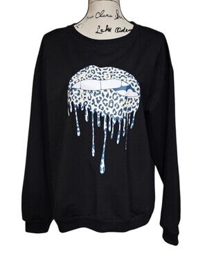Vimpunec Black Crewneck Sweatshirt with Blue Leopard Drip Lips Graphic